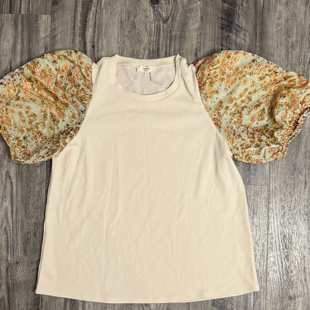 Entro Puff Sleeve Floral Cream Ribbed Short Sleeve Spring Summer Shirt Size Med - Picture 2 of 3